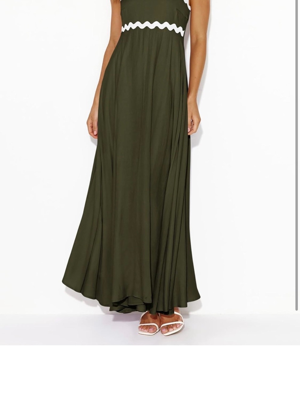 Strapless Olive Maxi Dress with White Trim